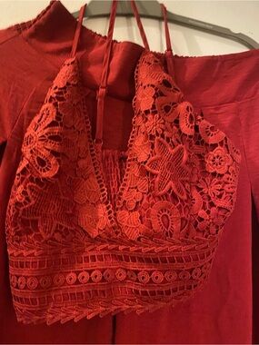Women's Maroon 2-pc Lace-Trim Halter Top and Wide Leg Pant🌺